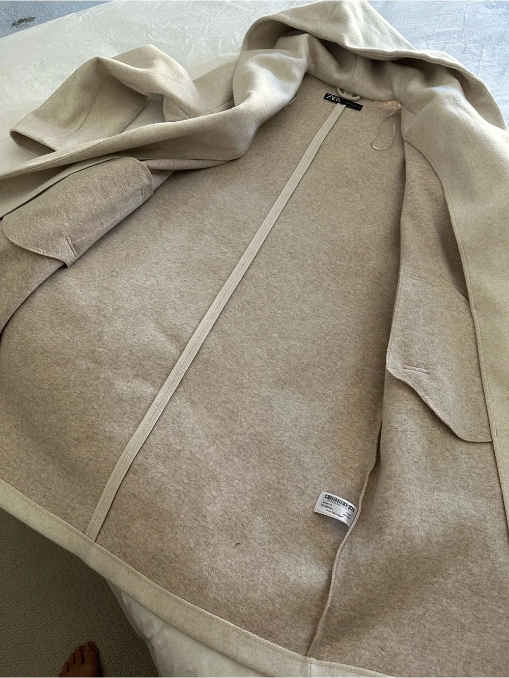 Zara Cream Hooded Wrap Coat with Self-Tie Belt, size medium - Picture 12 of 17